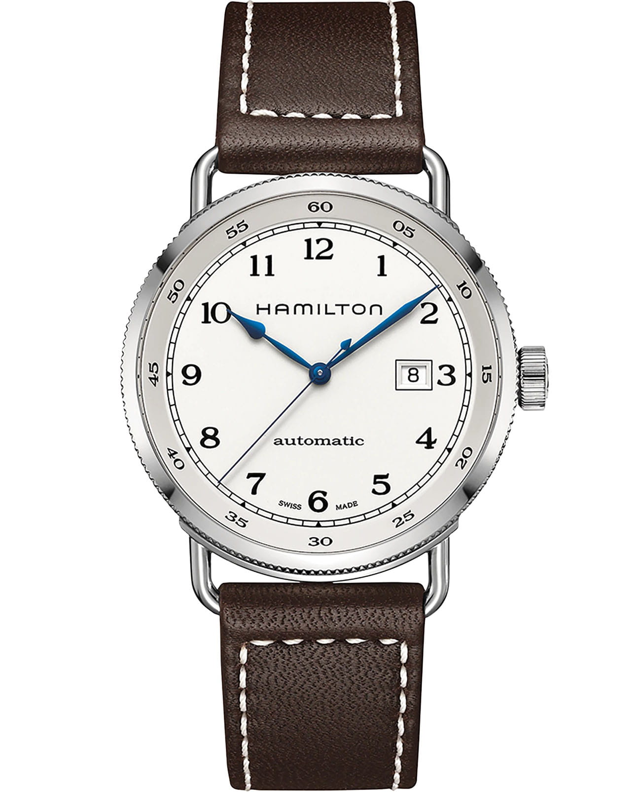 Hamilton Hamilton Khaki Navy Pioneer Auto H77715553  H77715553 механические мужские часы белый циферблат, браслет кожаный — вид спереди