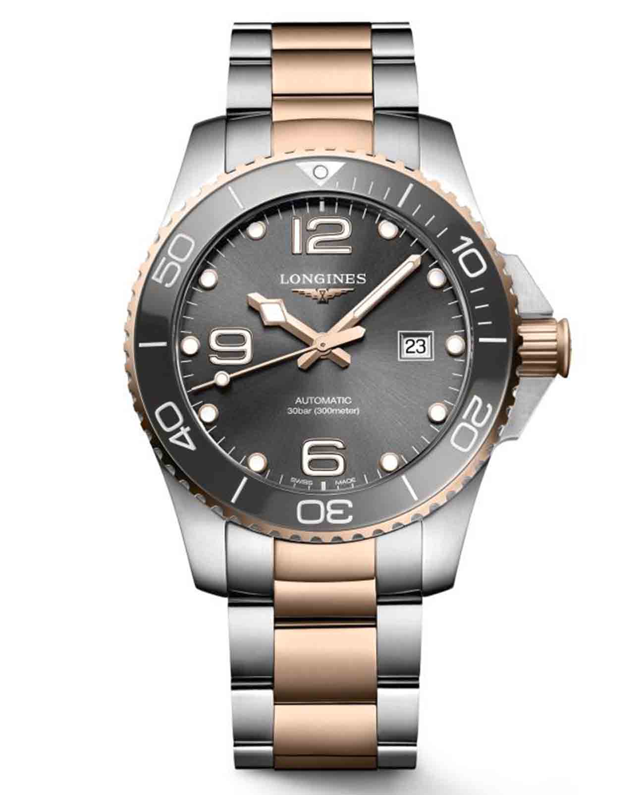 Longines Longines HydroConquest L3.782.3.78.7  L37823787 механические мужские часы серый циферблат, браслет нержавеющая сталь с pvd-покрытием — вид спереди