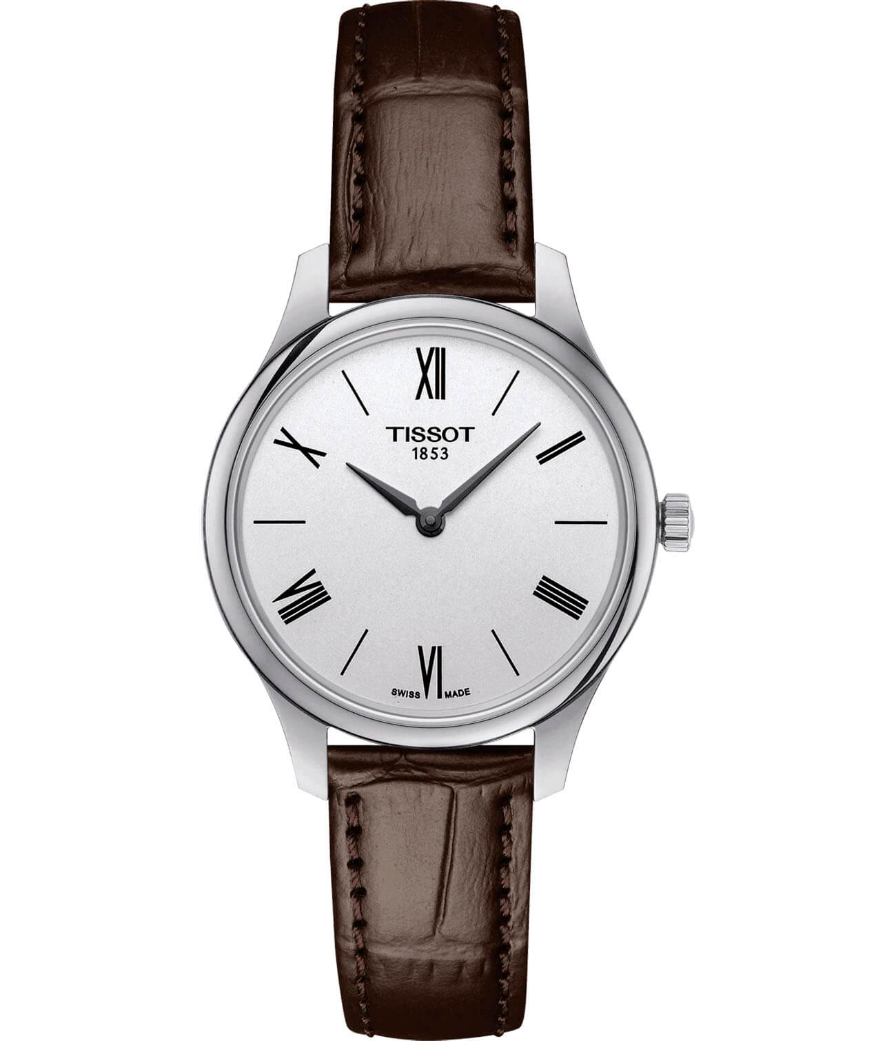 Tissot Tissot Tradition 5.5 Lady T063.209.16.038.00 Tradition T0632091603800 кварцевые женские часы серебристый циферблат, браслет кожаный — вид спереди