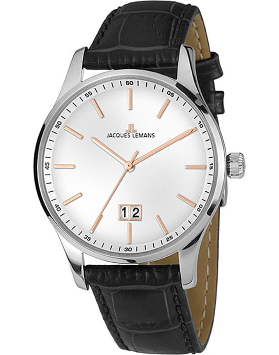 Jacques Lemans Jacques Lemans Classic 1-1862S  1-1862S кварцевые мужские часы серебристый циферблат, браслет кожаный — вид спереди