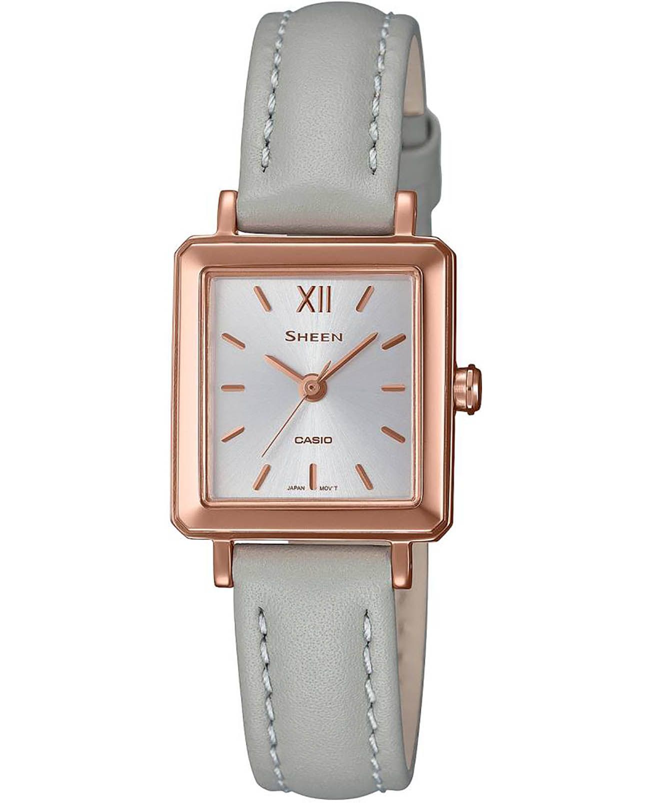 Casio Casio Sheen SHE-4538GL-7BUDF  SHE-4538GL-7B кварцевые женские часы серебристый циферблат, браслет кожаный — вид спереди