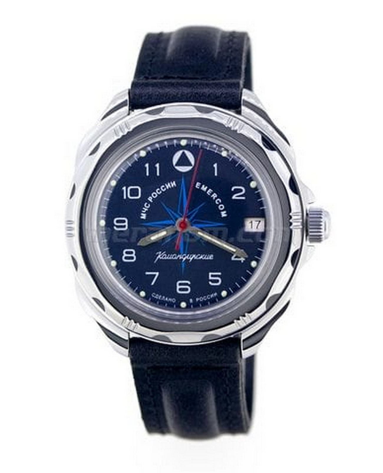 Восток Часы Восток Командирские 211942  211942 механические мужские часы синий циферблат, браслет кожаный — вид спереди