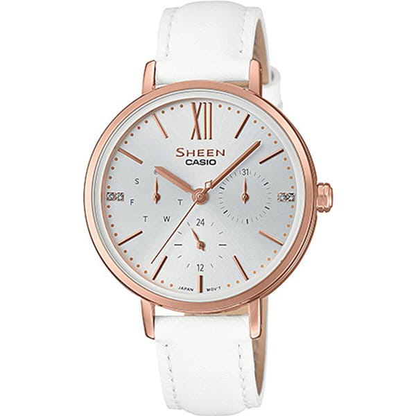 Casio Casio Sheen SHE-3064PGL-7AUER  SHE-3064PGL-7AUER кварцевые женские часы белый циферблат, браслет кожаный — вид спереди