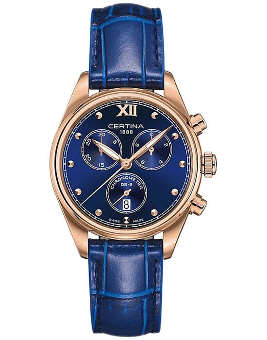 Certina Certina DS-8 Lady Chronograph C033.234.36.048.00 DS 8 C0332343604800 кварцевые женские часы синий циферблат, браслет кожаный — вид спереди