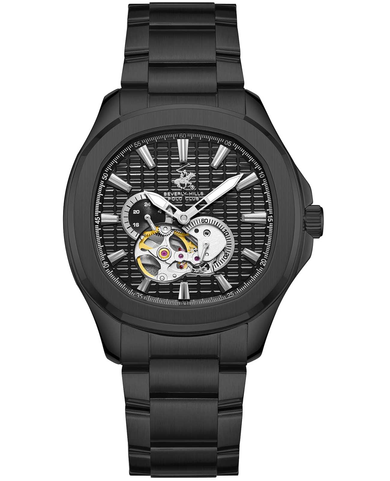 Beverly Hills Polo Club Beverly Hills Polo Club BP3728X.650  BP3728X.650 механические мужские часы черный циферблат, браслет нержавеющая сталь с pvd-покрытием — вид спереди