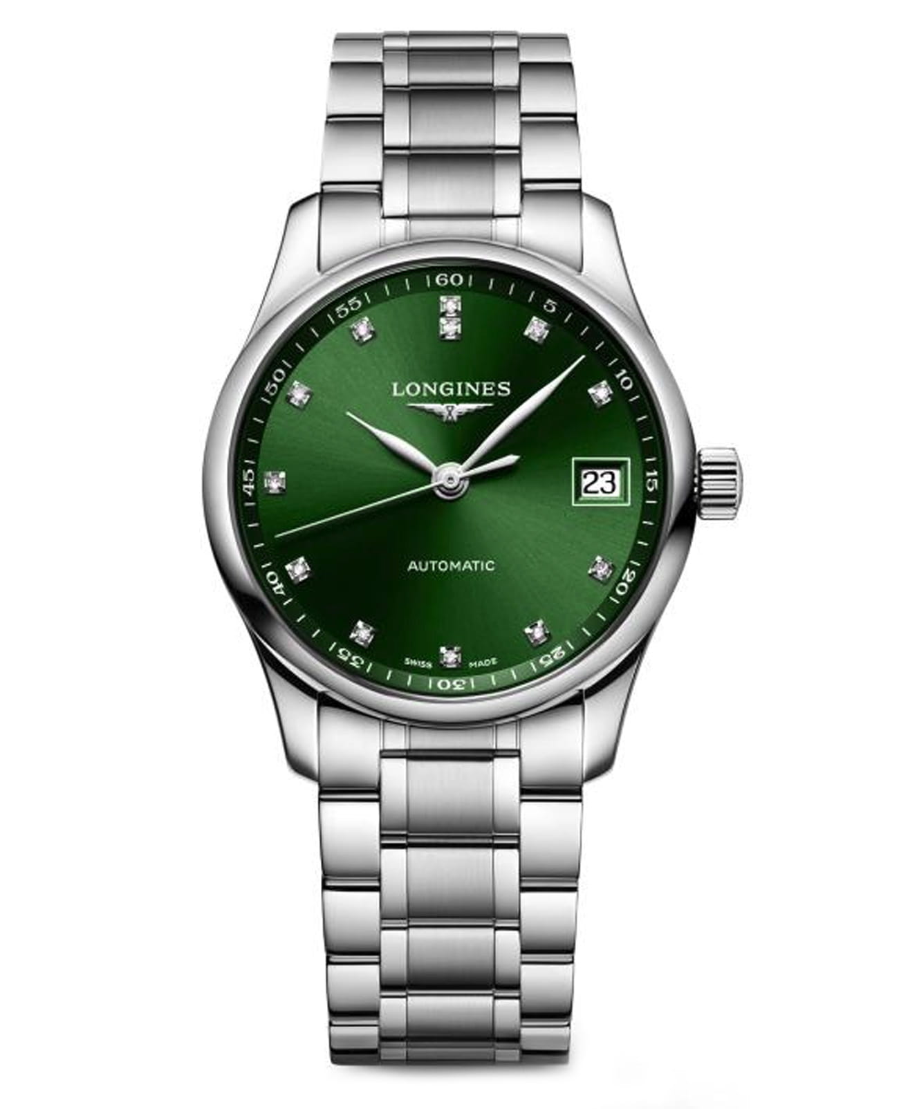 Longines Longines Master Collection L2.357.4.99.6  L23574996 механические женские часы зеленый циферблат, браслет нержавеющая сталь — вид спереди