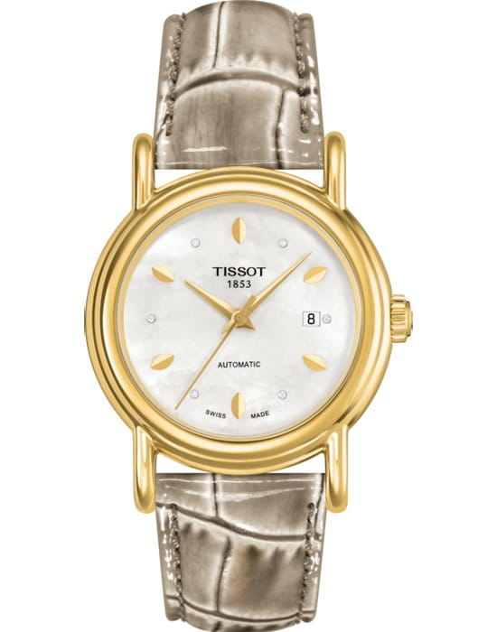 Tissot Tissot Carson Automatic Lady 18K Gold T907.007.16.106.00 Carson T9070071610600 механические женские часы белый циферблат, браслет кожаный — вид спереди