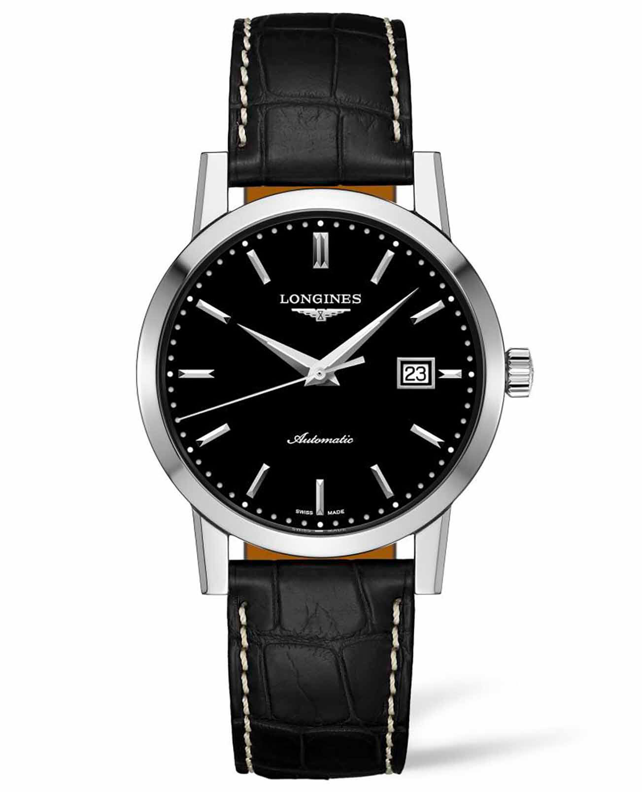 Longines Longines 1832 L4.825.4.52.0  L48254520 механические мужские часы черный циферблат, браслет кожаный — вид спереди