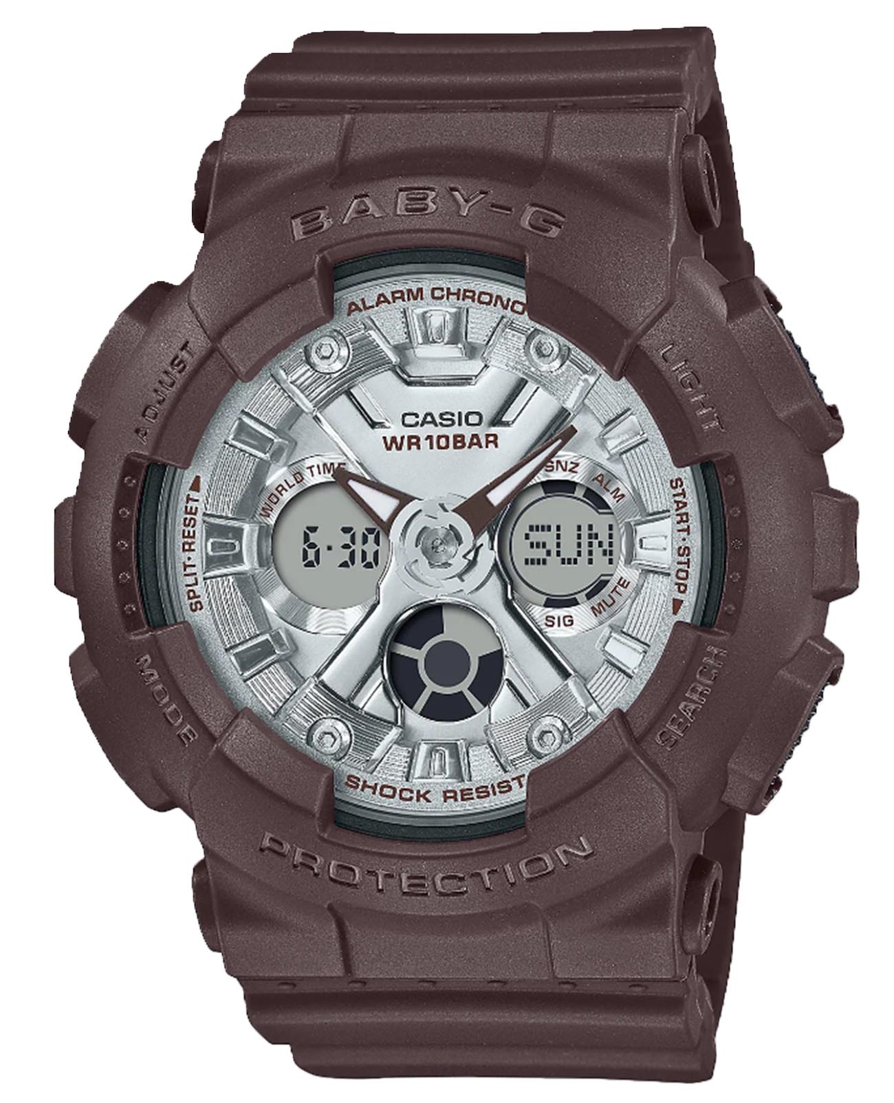 Casio Casio Baby-G BA-130SW-5ADR (BA-130SW-5A)  BA-130SW-5A кварцевые женские часы серый циферблат, браслет пластик — вид спереди