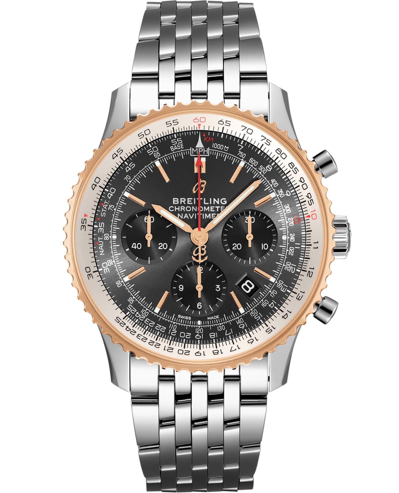 Breitling Breitling Navitimer B01 Chronograph 43 UB0121211F1A1  UB0121211F1A1 механические мужские часы антрацитовый циферблат, браслет нержавеющая сталь — вид спереди