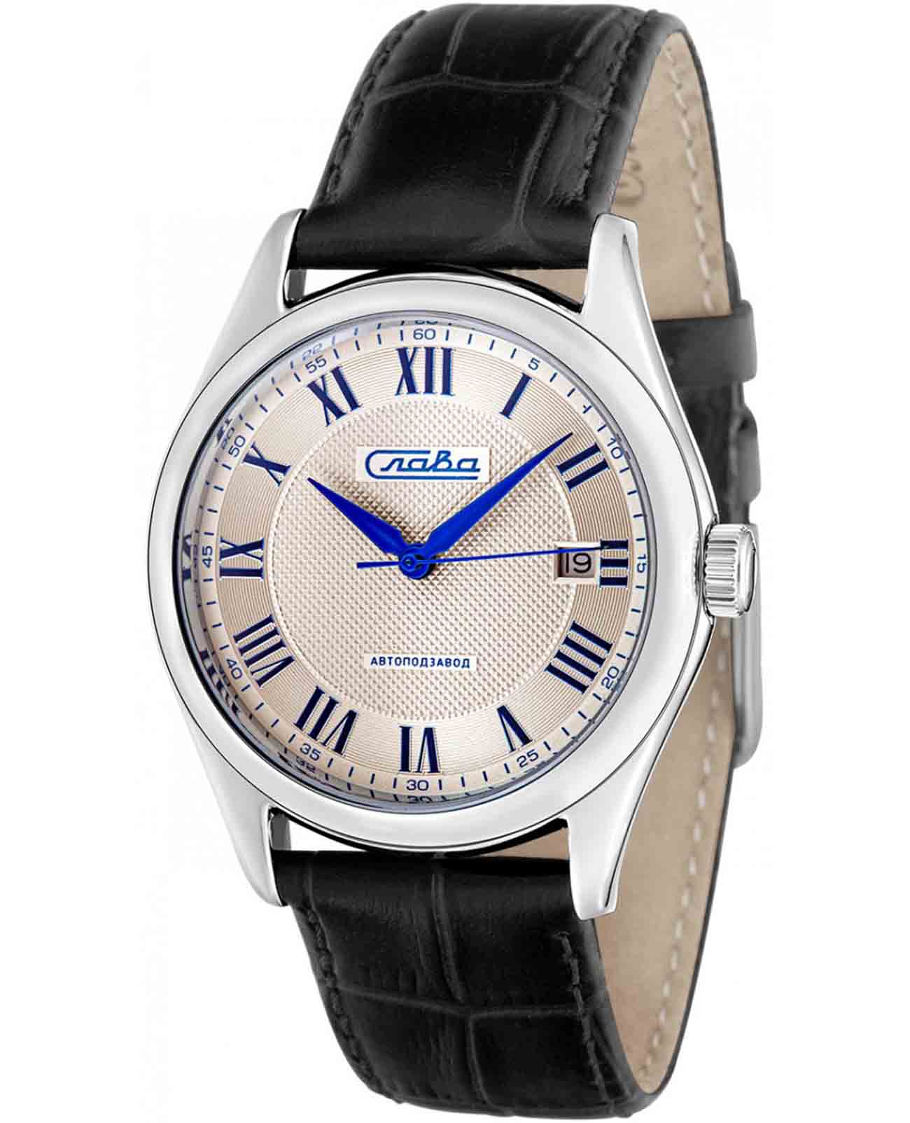 Слава Слава Сенат 1490868/300-8215  1490868/300-8215 механические мужские часы серебристый циферблат, браслет кожаный — вид спереди