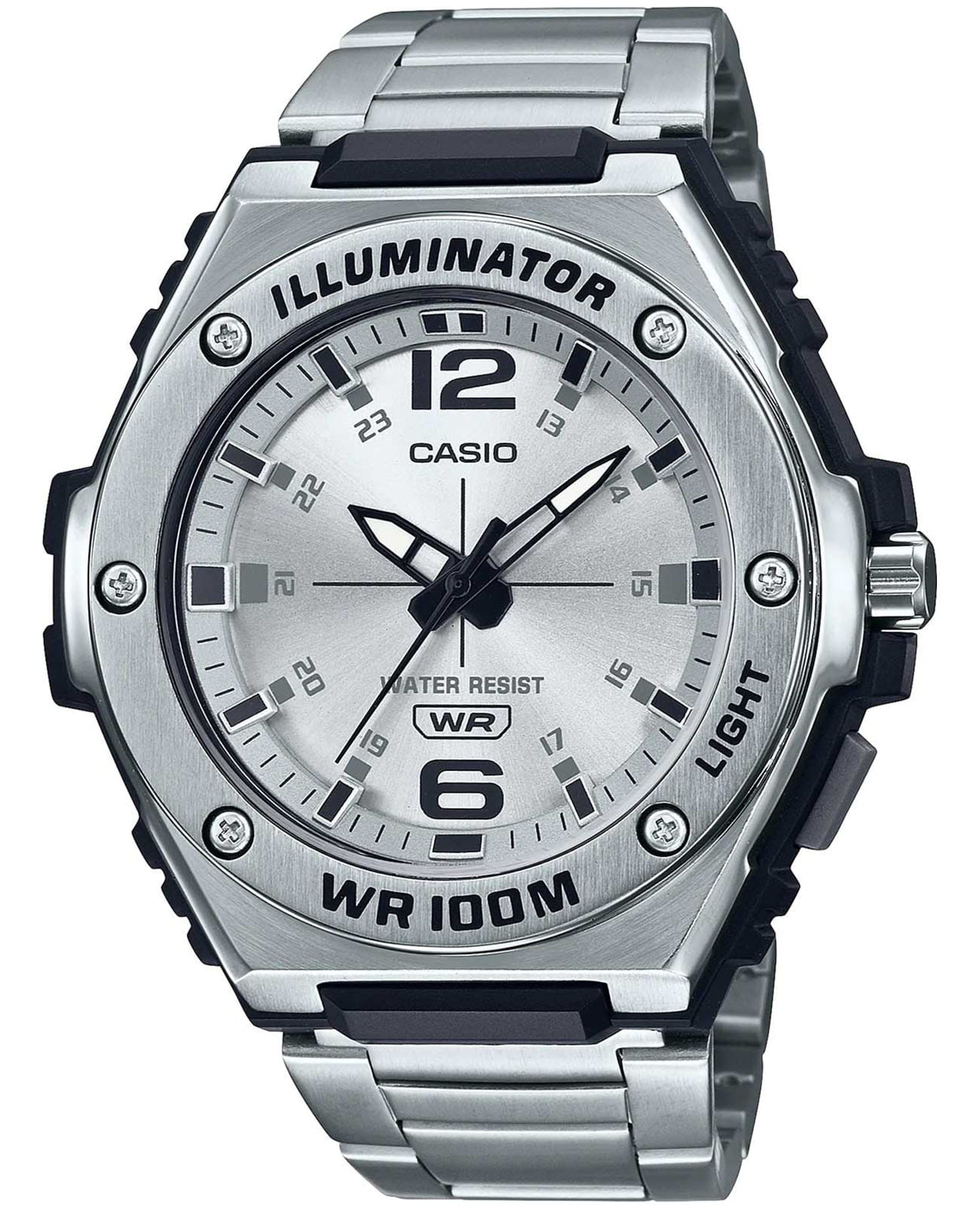 Casio Casio Collection MWA-100HD-7A  MWA-100HD-7A кварцевые мужские часы серебристый циферблат, браслет нержавеющая сталь — вид спереди