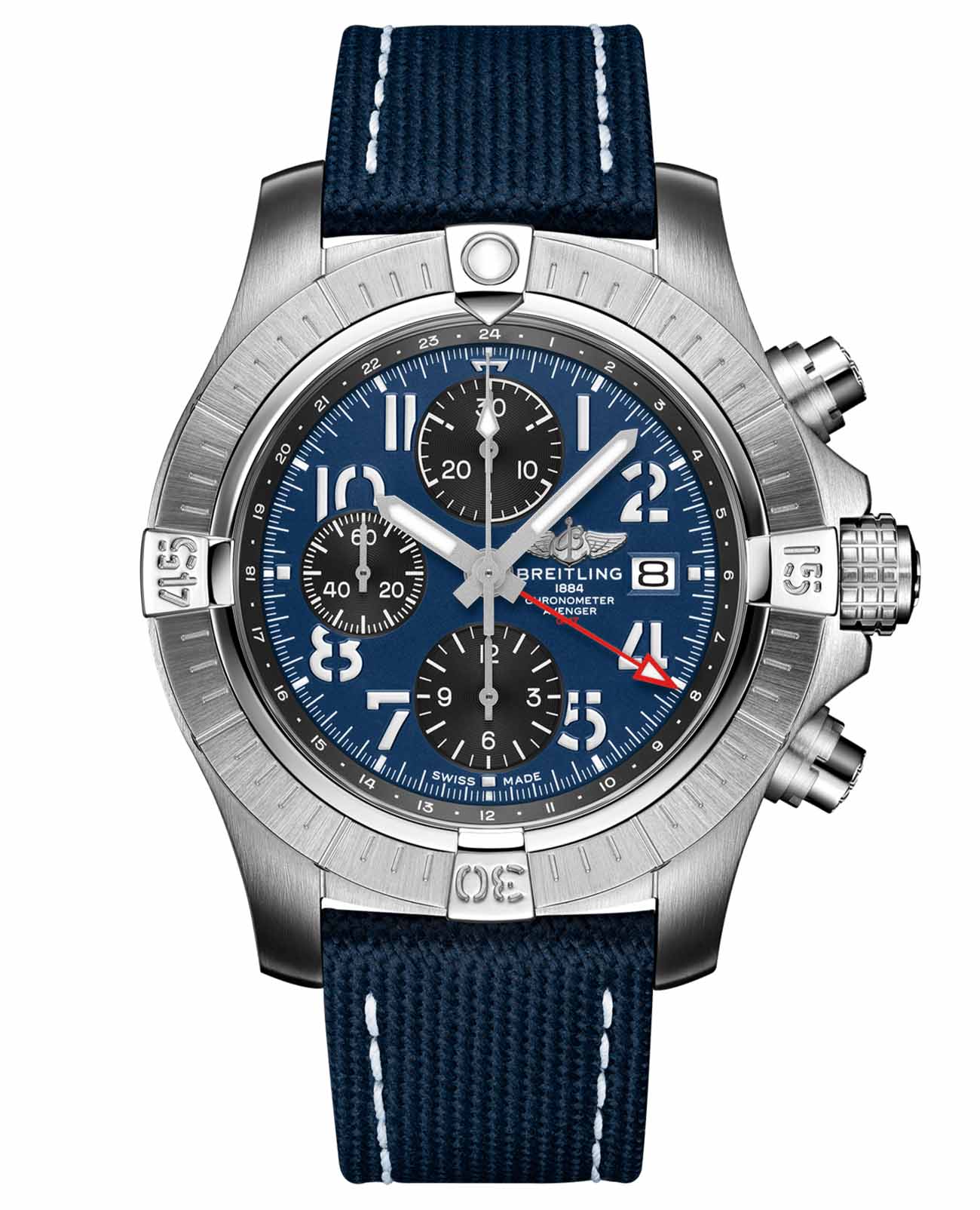 Breitling Breitling Avenger Chronograph GMT 45 A24315101C1X1  A24315101C1X1 механические мужские часы синий циферблат, браслет кожаный — вид спереди