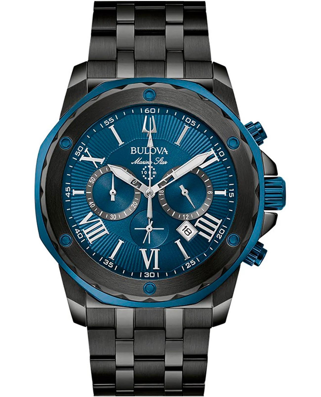 Bulova Bulova Marine Star 98B410  98B410 кварцевые мужские часы синий циферблат, браслет нержавеющая сталь с ip-покрытием — вид спереди
