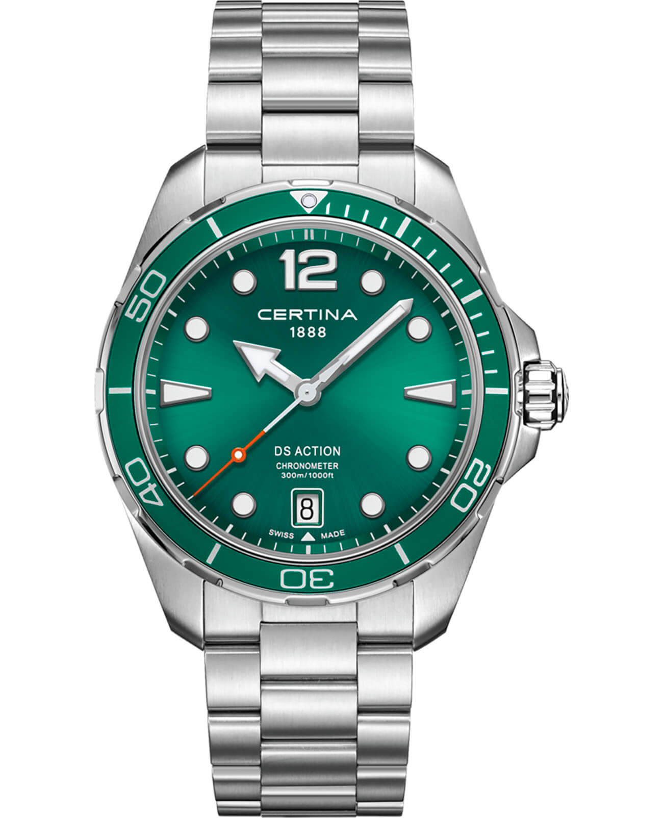 Certina Certina DS Action C032.451.11.097.00 DS Action C0324511109700 кварцевые мужские часы зеленый циферблат, браслет нержавеющая сталь — вид спереди