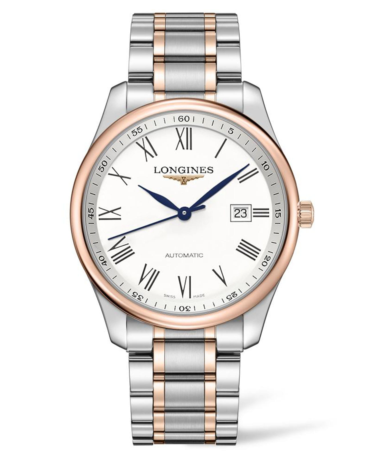 Longines Longines Master Collection L2.893.5.11.7  L28935117 механические мужские часы белый циферблат, браслет нержавеющая сталь + золото 18к — вид спереди