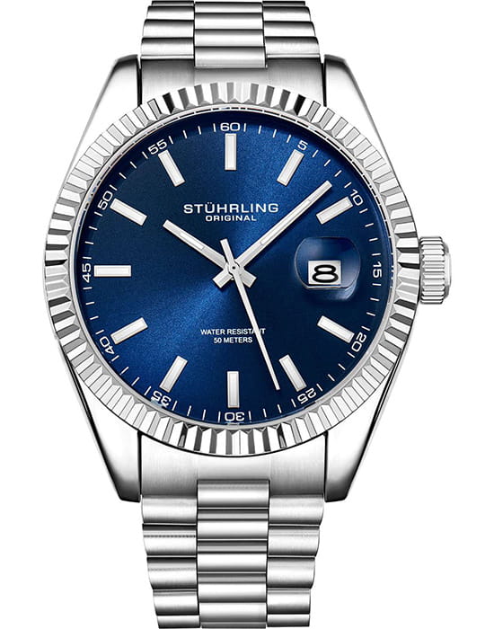 Stuhrling Stuhrling Symphony 3935.2  3935.2 кварцевые мужские часы синий циферблат, браслет нержавеющая сталь — вид спереди
