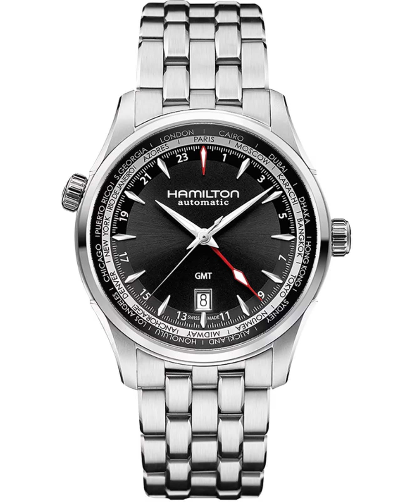 Hamilton Hamilton Jazzmaster GMT Auto H32695131  H32695131 механические мужские часы черный циферблат, браслет нержавеющая сталь — вид спереди