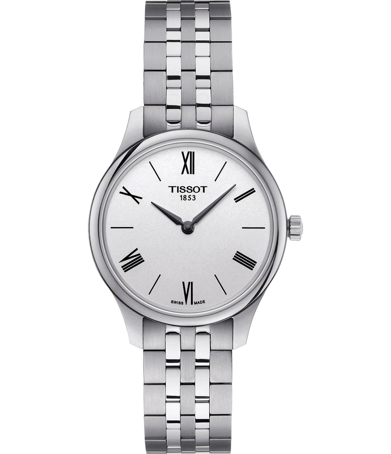 Tissot Tissot Tradition 5.5 Lady T063.209.11.038.00 Tradition T0632091103800 кварцевые женские часы серебристый циферблат, браслет нержавеющая сталь — вид спереди