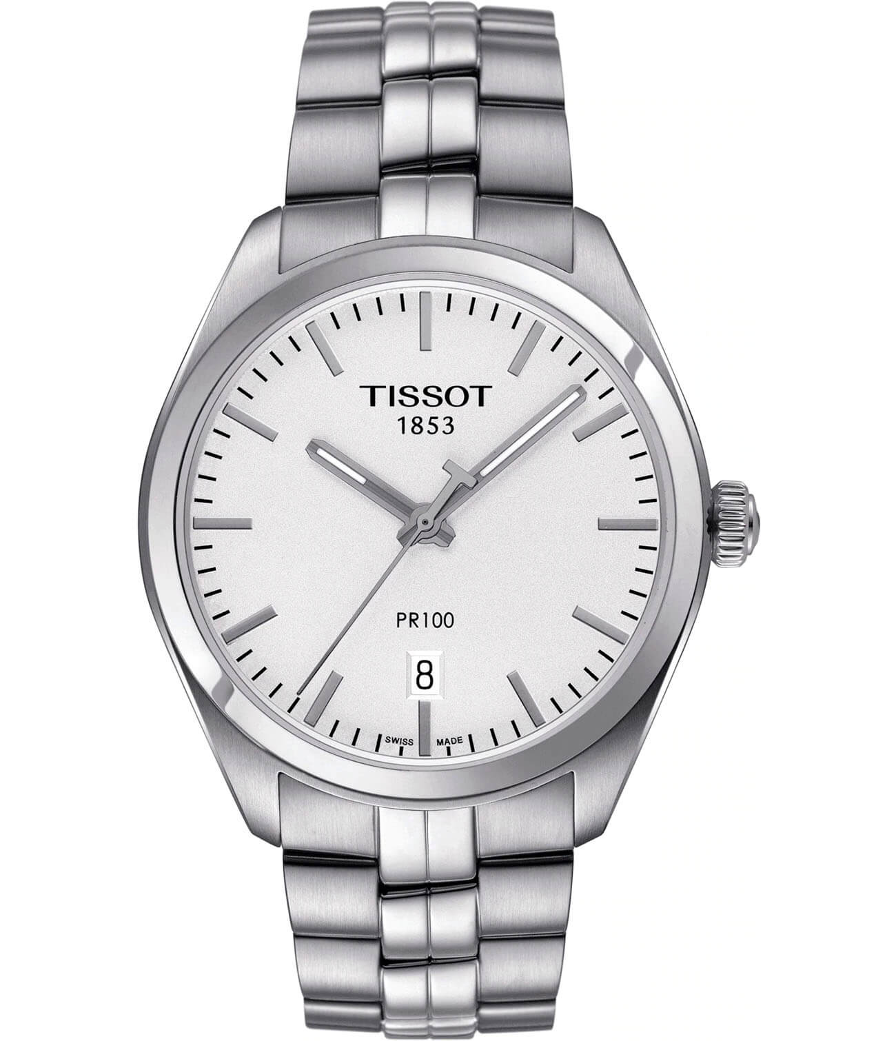 Tissot Tissot PR 100 T101.410.11.031.00 PR 100 T1014101103100 кварцевые мужские часы белый циферблат, браслет нержавеющая сталь — вид спереди