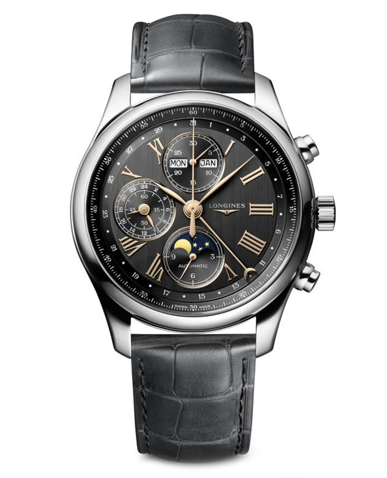 Longines Longines Master Collection L2.773.4.61.2  L27734612 механические мужские часы серебристый циферблат, браслет кожаный — вид спереди