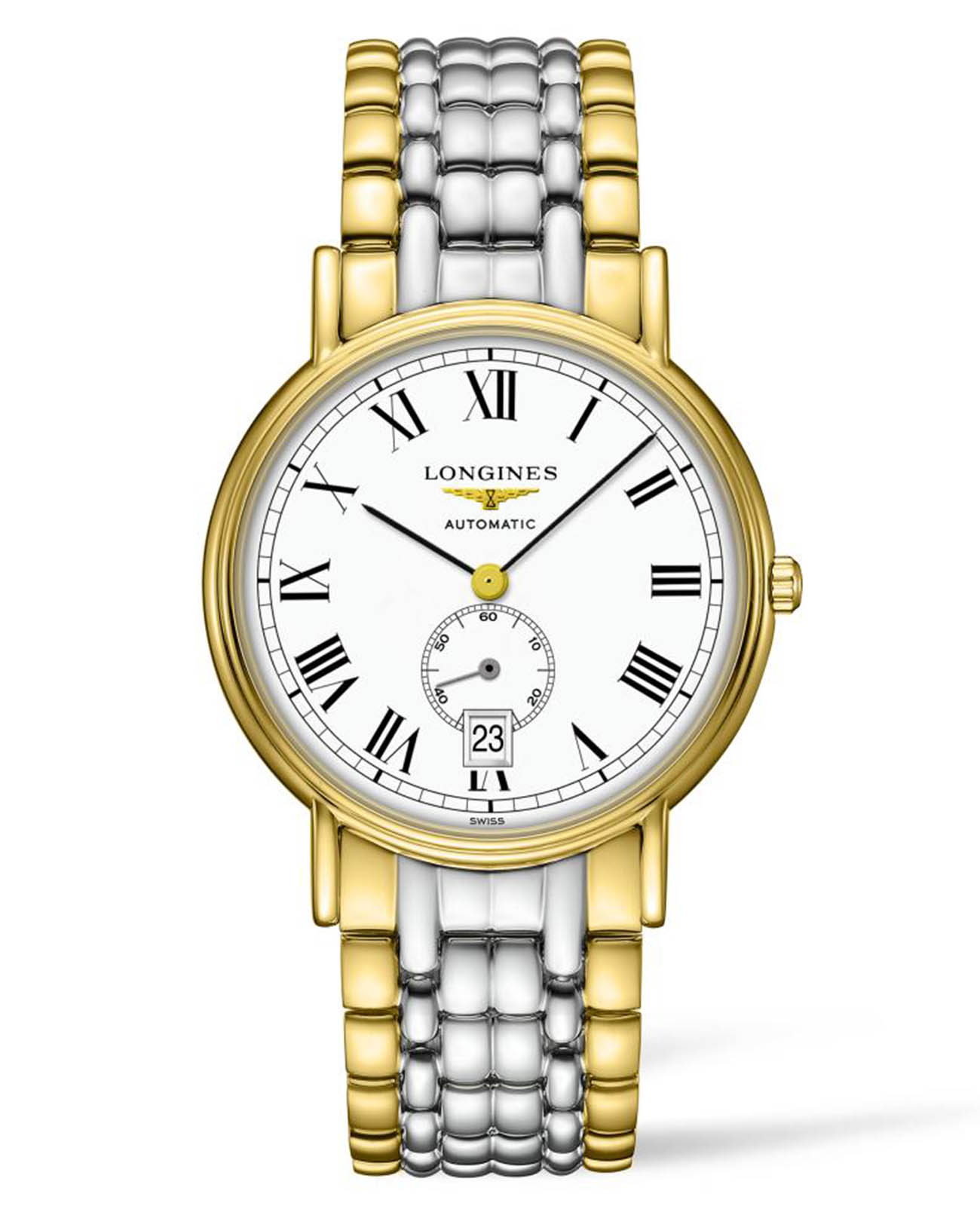 Longines Longines Presence L4.805.2.11.7  L48052117 механические мужские часы белый циферблат, браслет сталь c pvd покрытием — вид спереди