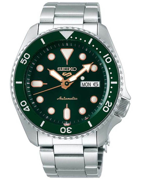 Seiko Seiko 5 Sports SRPD63K1  SRPD63K1 механические мужские часы зеленый циферблат, браслет нержавеющая сталь — вид спереди