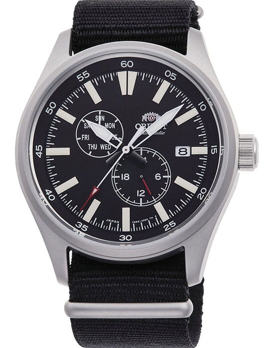 Orient Orient RA-AK0404B1 (RN-AK0404B)  RA-AK0404B механические мужские часы черный циферблат, браслет нейлон — вид спереди