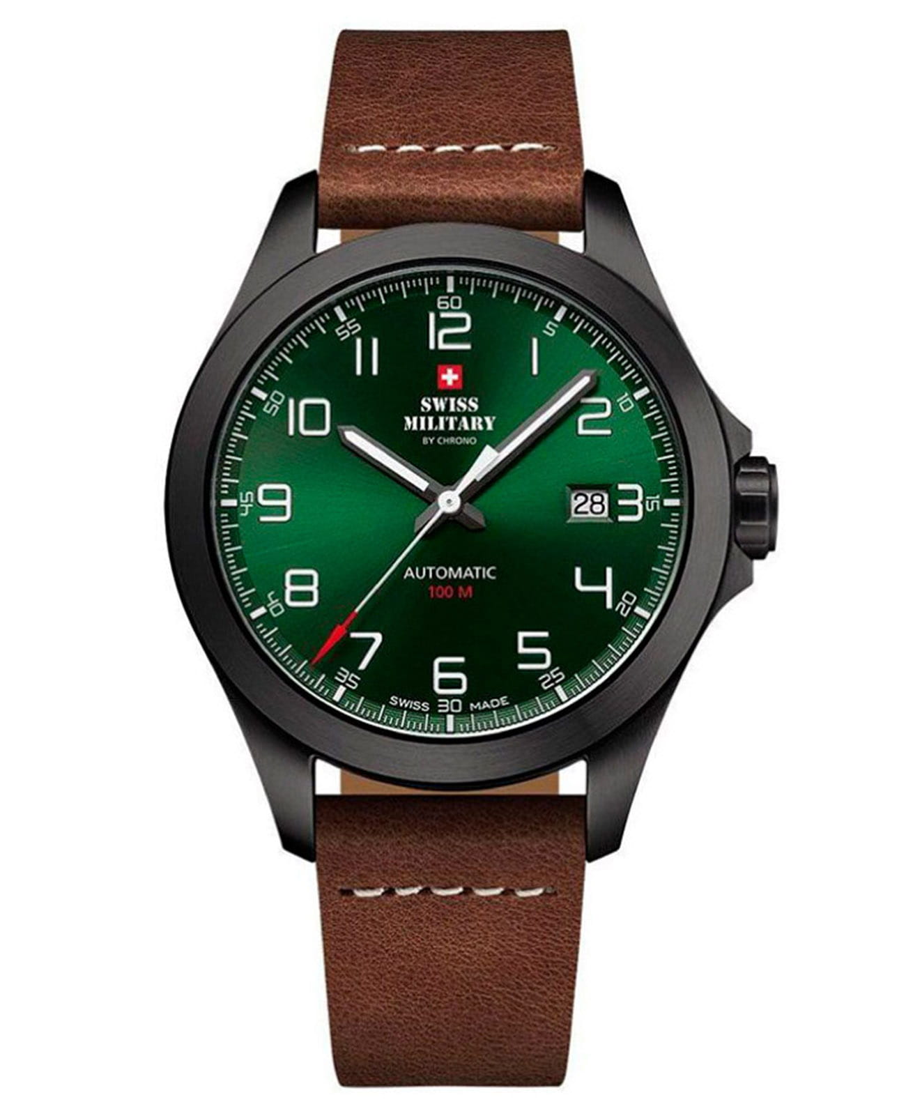 Swiss Military by Chrono Swiss Military by Chrono Automatic Collection SMA34077.06  SMA34077.06 механические мужские часы зеленый циферблат, браслет кожаный — вид спереди