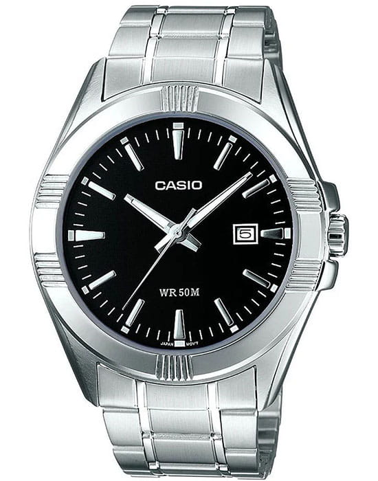 Casio Casio MTP-1308PD-1A  MTP-1308PD-1A кварцевые мужские часы черный циферблат, браслет нержавеющая сталь — вид спереди