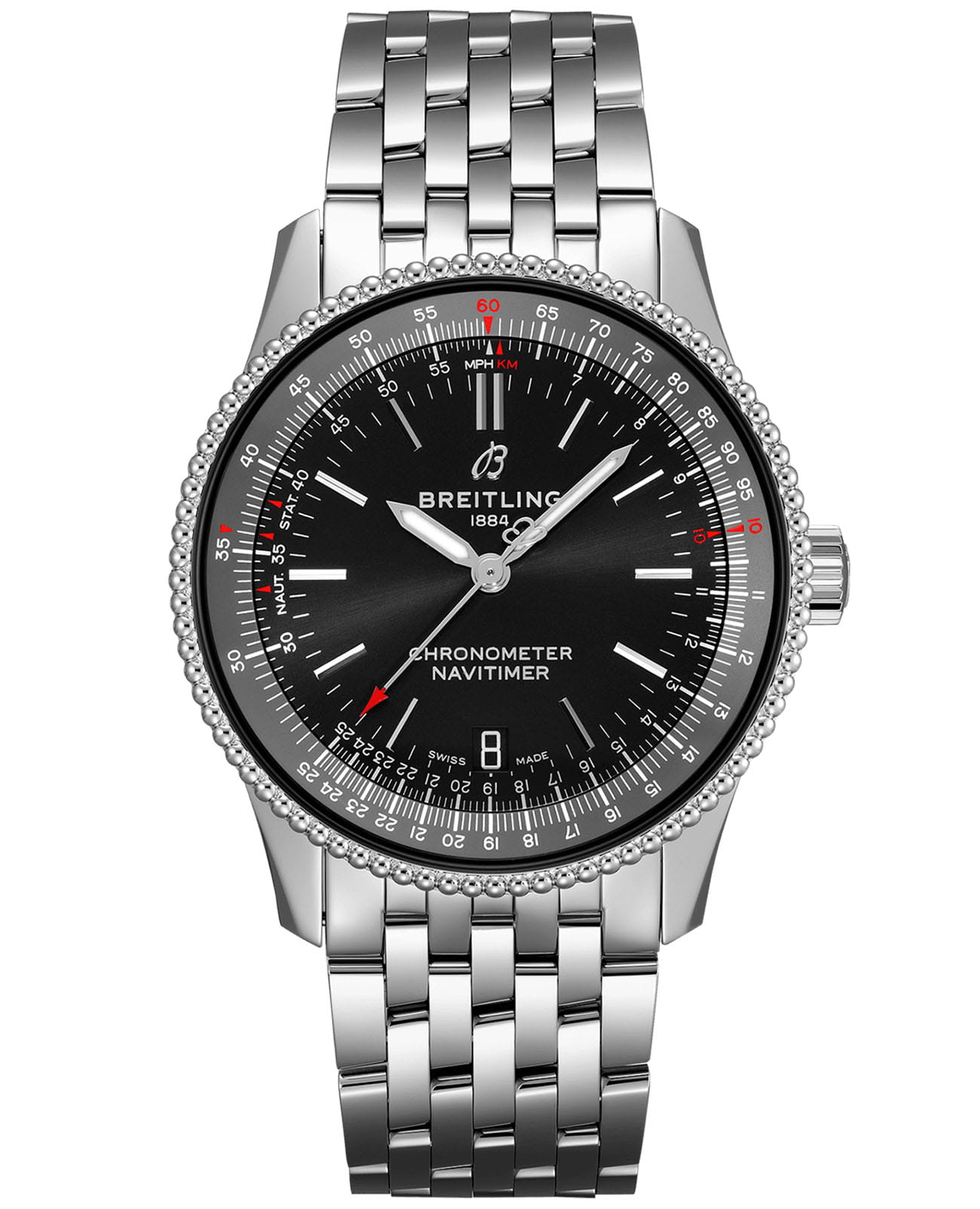 Breitling Breitling Navitimer Automatic 38 A17325241B1A1  A17325241B1A1 механические мужские часы черный циферблат, браслет нержавеющая сталь — вид спереди