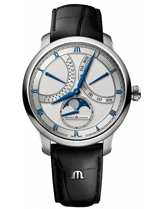 Maurice Lacroix Maurice Lacroix Masterpiece Moon Retrograde MP6608-SS001-110-1  MP6608-SS001-110-1 механические мужские часы серебристый циферблат, браслет кожаный — вид спереди