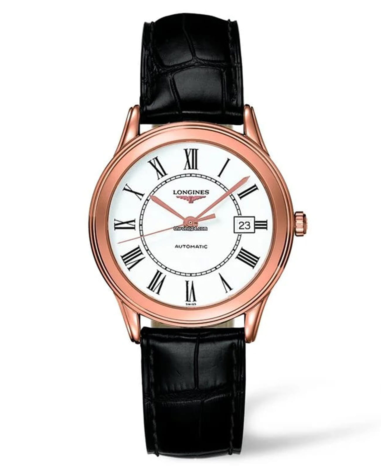 Longines Longines Flagship L4.774.8.21.2  L47748212 механические мужские часы белый циферблат, браслет кожаный — вид спереди