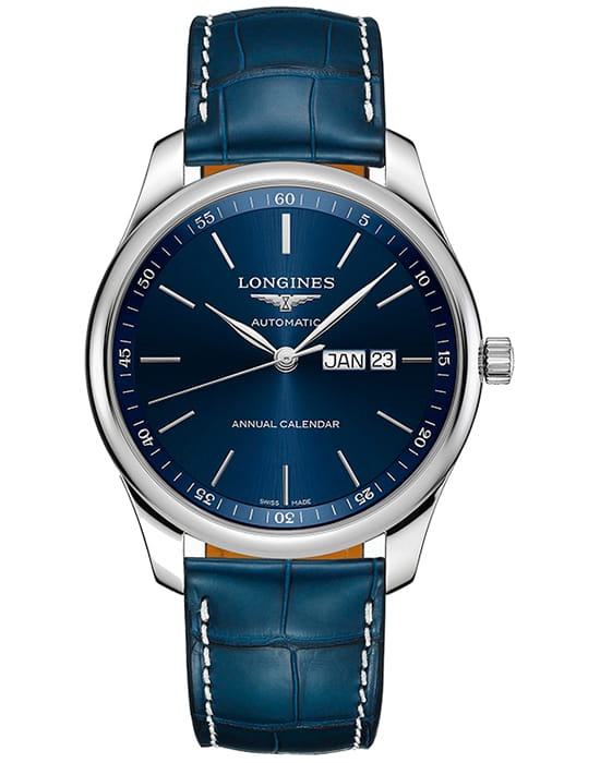 Longines Longines Master Collection L2.920.4.92.2  L29204922 механические мужские часы синий циферблат, браслет кожаный — вид спереди
