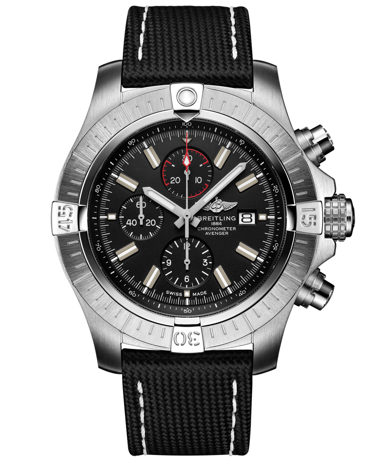 Breitling Breitling Super Avenger Chronograph 48 A13375101B1X2  A13375101B1X2 механические мужские часы черный циферблат, браслет кожаный — вид спереди