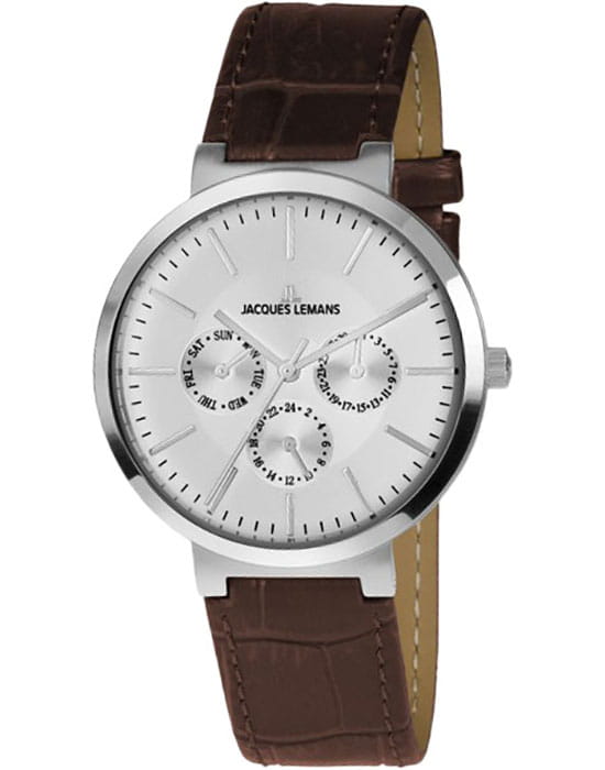 Jacques Lemans Jacques Lemans 1-1950B  1-1950B кварцевые мужские часы серебристый циферблат, браслет кожаный — вид спереди