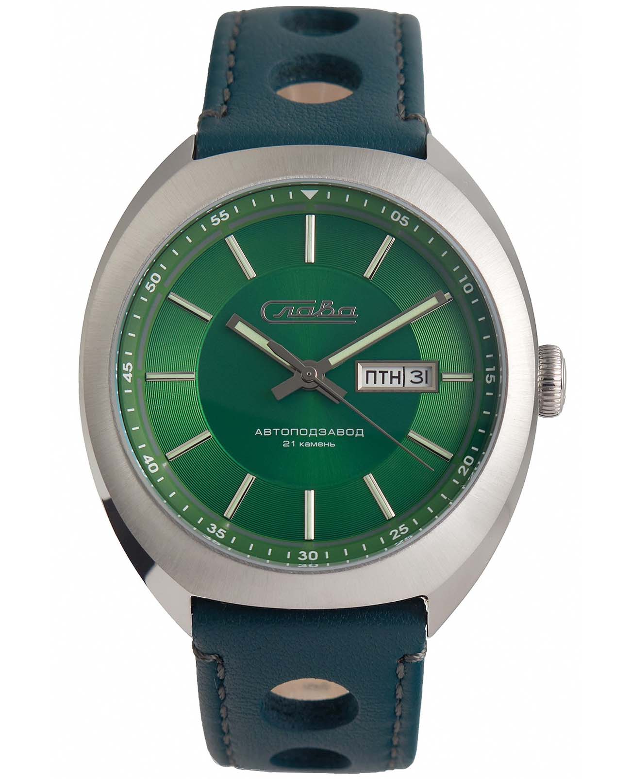 Слава Слава Мир 3010701/300-8205  3010701/300-8205 механические мужские часы зеленый циферблат, браслет кожаный — вид спереди
