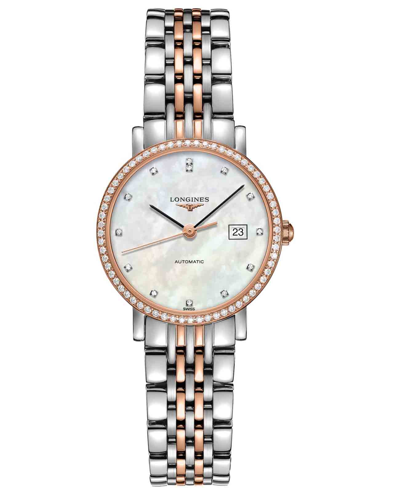 Longines Longines Elegant Collection L4.310.5.88.7  L43105887 механические женские часы перламутровый циферблат, браслет нержавеющая сталь + золото 18к — вид спереди