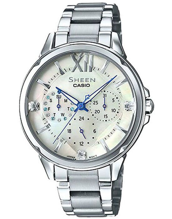 Casio Casio Sheen SHE-3056D-7A  SHE-3056D-7A кварцевые женские часы белый циферблат, браслет 18-каратное желтое золото — вид спереди