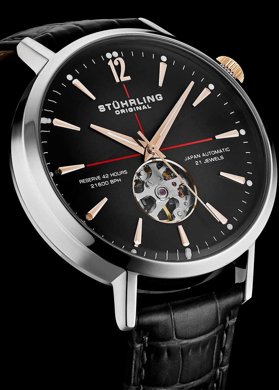 Stuhrling Stuhrling Quasar 1021.03 механические мужские часы часы крупный план черный циферблата