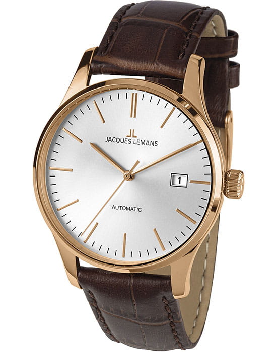 Jacques Lemans Jacques Lemans Classic 1-2073F  1-2073F механические мужские часы серебристый циферблат, браслет кожаный — вид спереди
