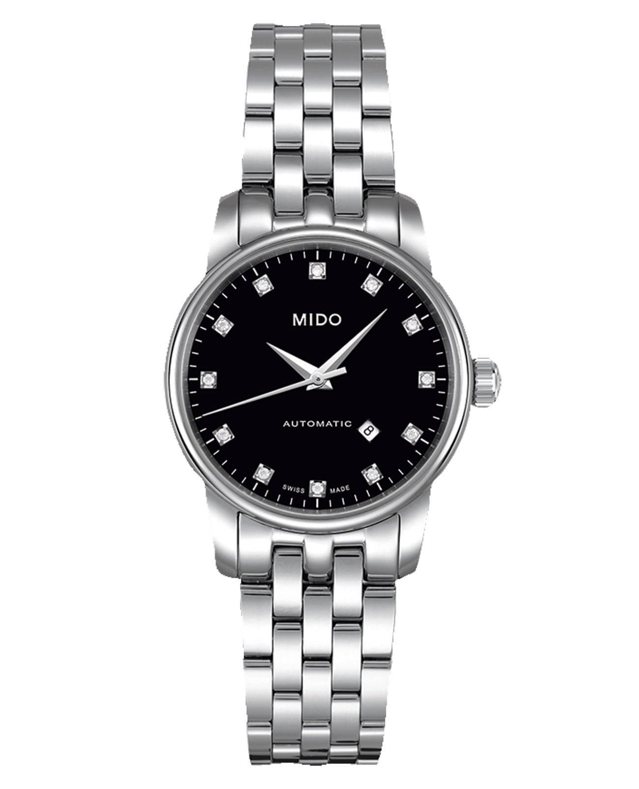 Mido Mido Baroncelli M7600.4.68.1  M76004681 механические женские часы черный циферблат, браслет нержавеющая сталь — вид спереди