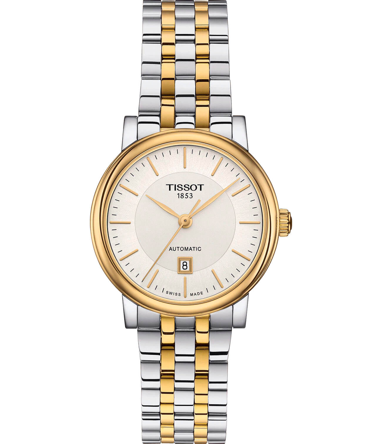 Tissot Tissot Carson Automatic Lady T122.207.22.031.00 Carson T1222072203100 механические женские часы белый циферблат, браслет сталь c pvd покрытием — вид спереди