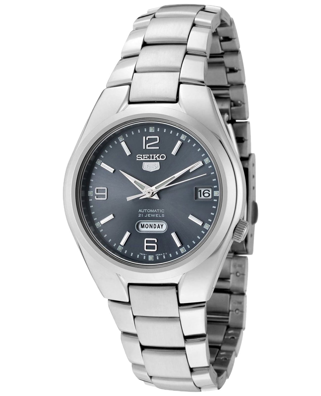 Seiko Seiko 5 Regular SNK621K1  SNK621K1 механические мужские часы серый циферблат, браслет нержавеющая сталь — вид спереди