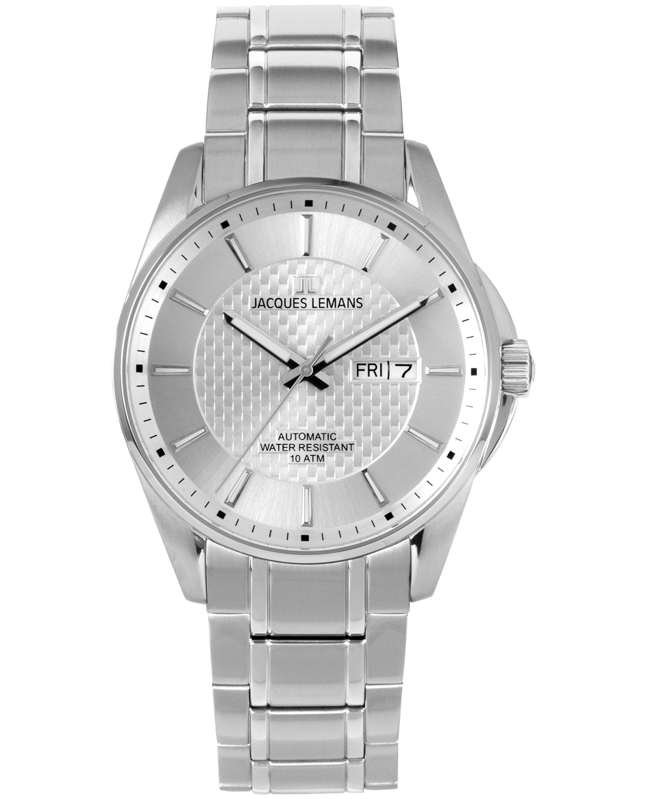 Jacques Lemans Jacques Lemans Automatic 1-2210G  1-2210G механические мужские часы серебристый циферблат, браслет нержавеющая сталь — вид спереди