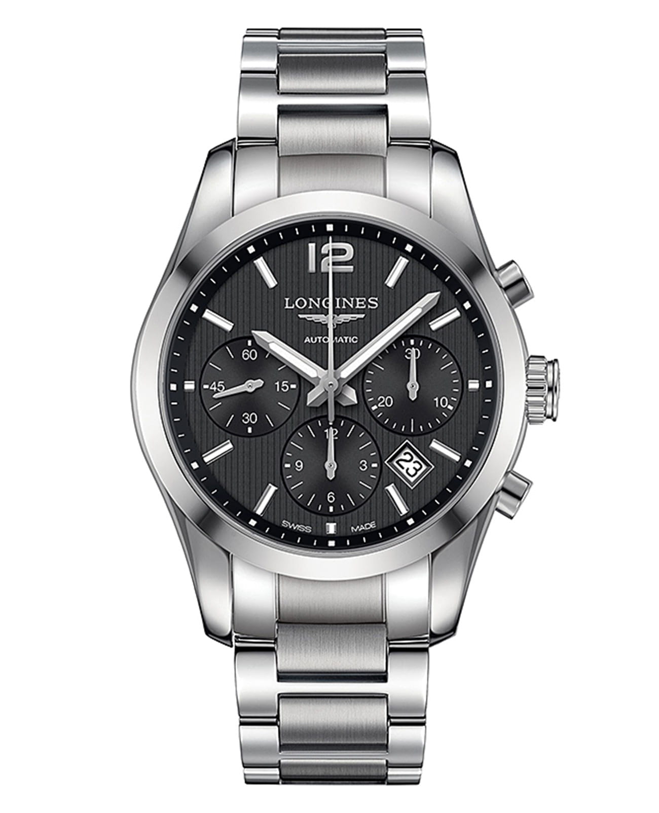 Longines Longines Conquest Collection L2.786.4.56.6  L27864566 механические мужские часы черный циферблат, браслет нержавеющая сталь — вид спереди