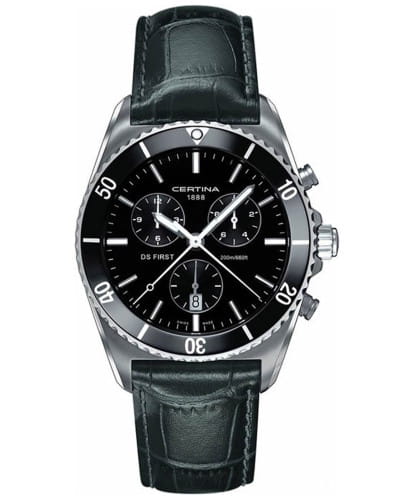 Certina Certina DS First C014.417.16.051.00 DS First C0144171605100 кварцевые мужские часы черный циферблат, браслет кожаный — вид спереди