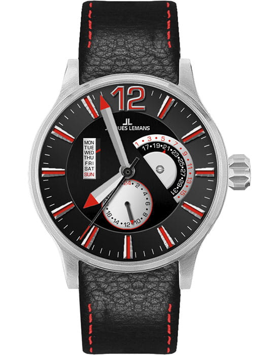 Jacques Lemans Jacques Lemans 1-1741i  1-1741i кварцевые мужские часы черный циферблат, браслет кожаный — вид спереди