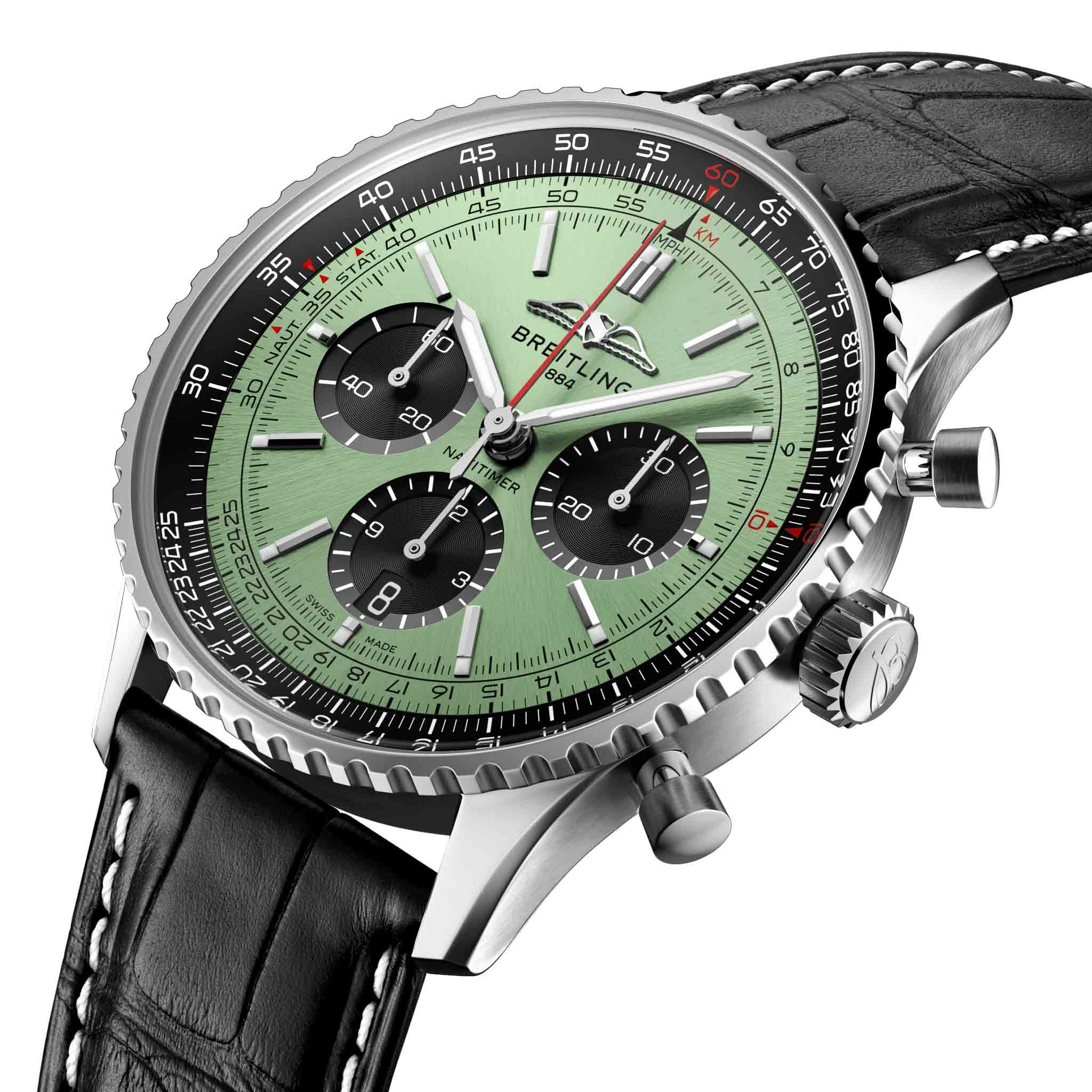 Breitling Breitling Navitimer B01 Chronograph 43 AB0138241L1P1 механические мужские часы часы крупный план зеленый циферблата