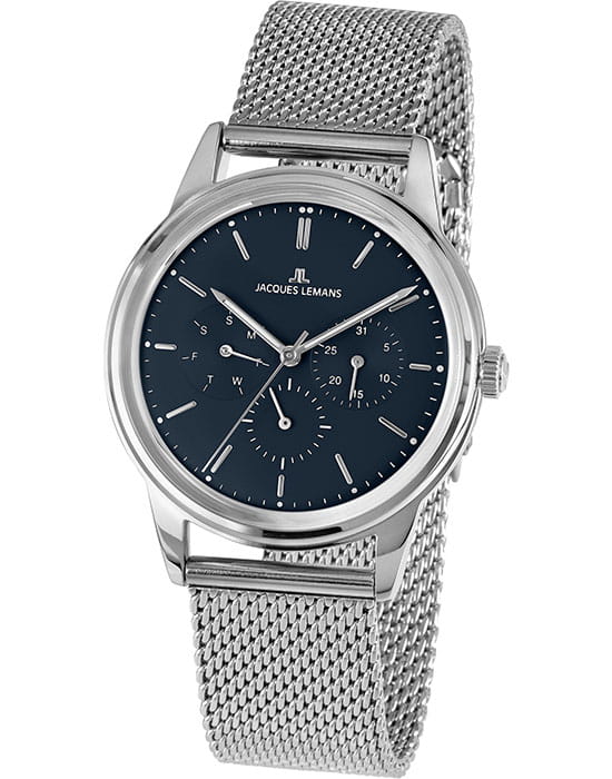 Jacques Lemans Jacques Lemans Retro Classic 1-2061H  1-2061H кварцевые мужские часы синий циферблат, браслет нержавеющая сталь — вид спереди